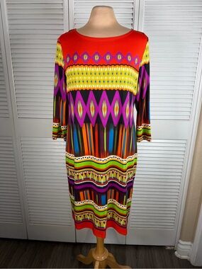 Neiman Marcus Colorful Geometric Stretch Midi Dress Made in‎ USA Size L